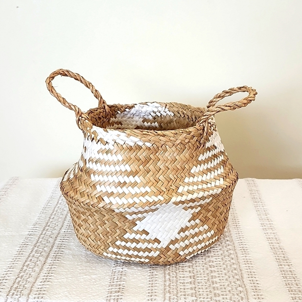 Handmade vintage double handled basket, snake charmer, neutral, farmhouse, boho